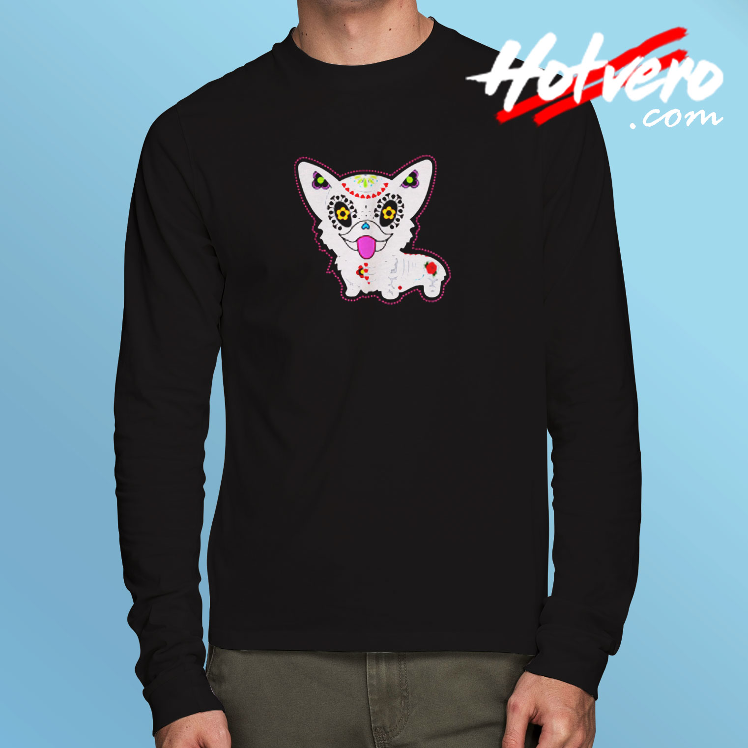 Dia De Los Muertos Sugar Skull Corgi Long Sleeve T shirt