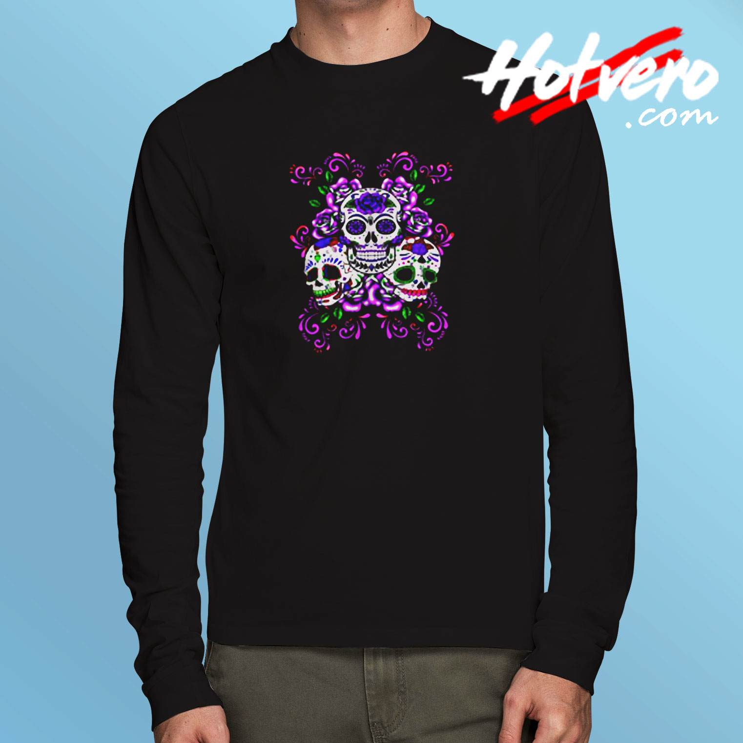 Skull Purple Floral Long Sleeve T shirt