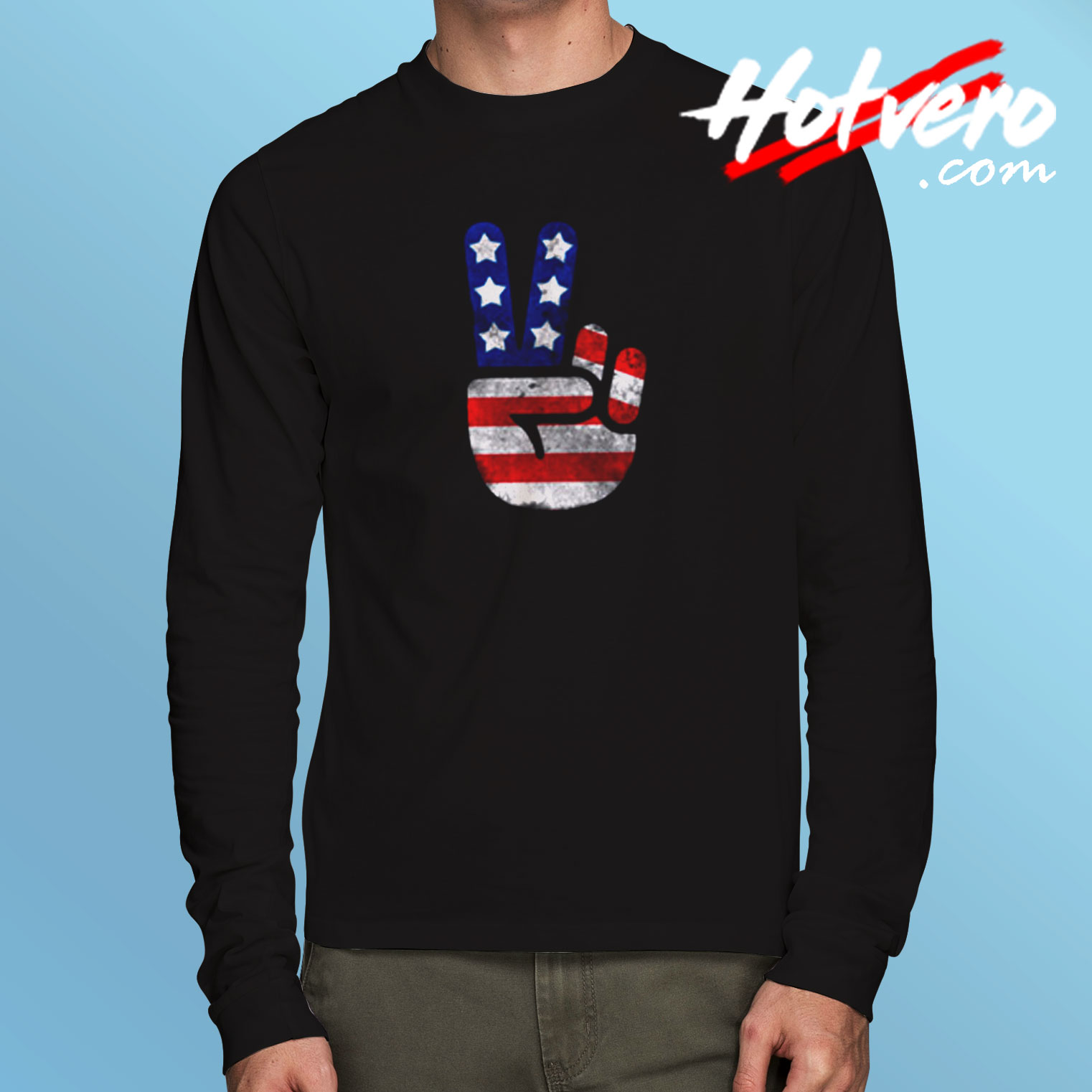 Usa Flag Peace Sign Victory Fingers Patriotic Long Sleeve T shirt