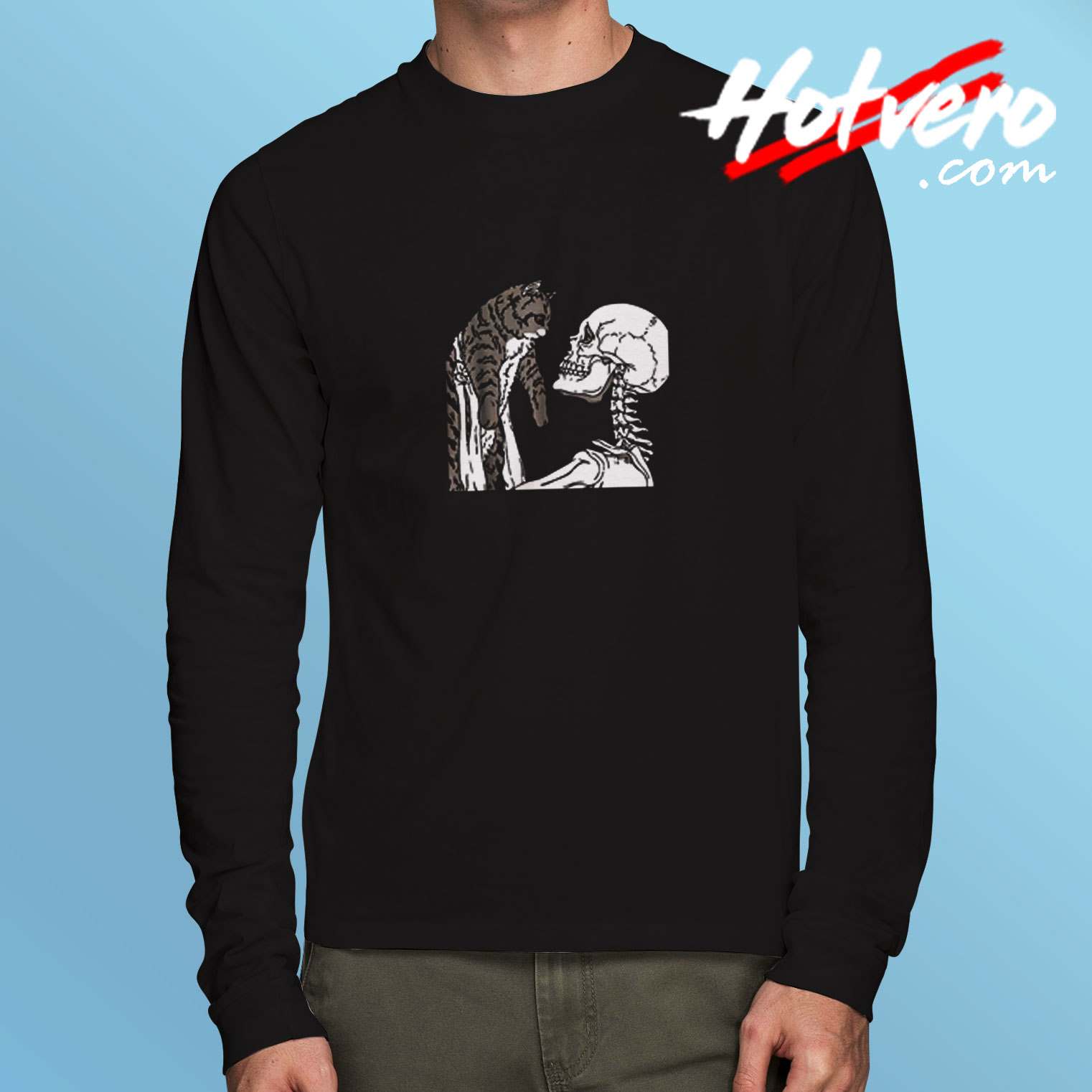 Skeleton Holding A Cat Lazy Halloween Long Sleeve Tshirt